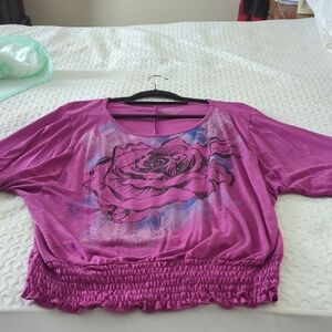 Faded Glory Pink Smocked Crop Blouse 3/4 Sleeve